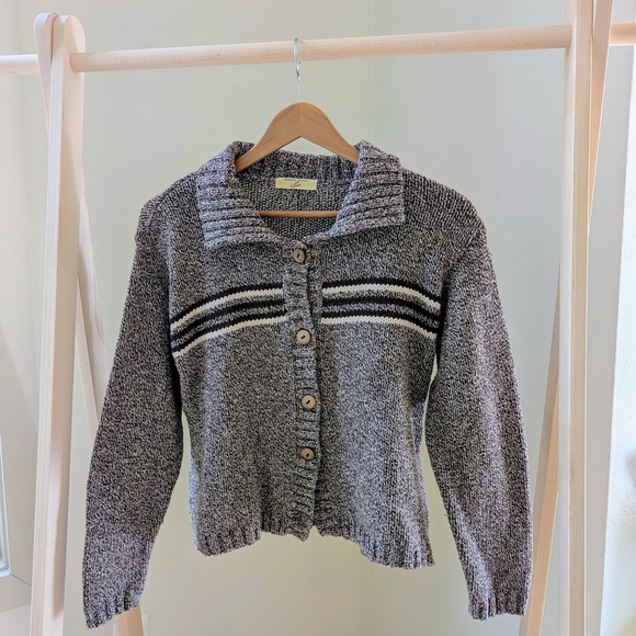 Vintage Sweaters - Vintage Striped Chunky Marled Collared Cardigan Sweater In Gray